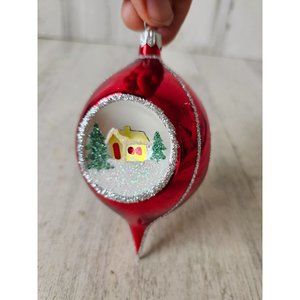 Vintage radko country scene reflector teardrop red glitter ornament Xmas indent